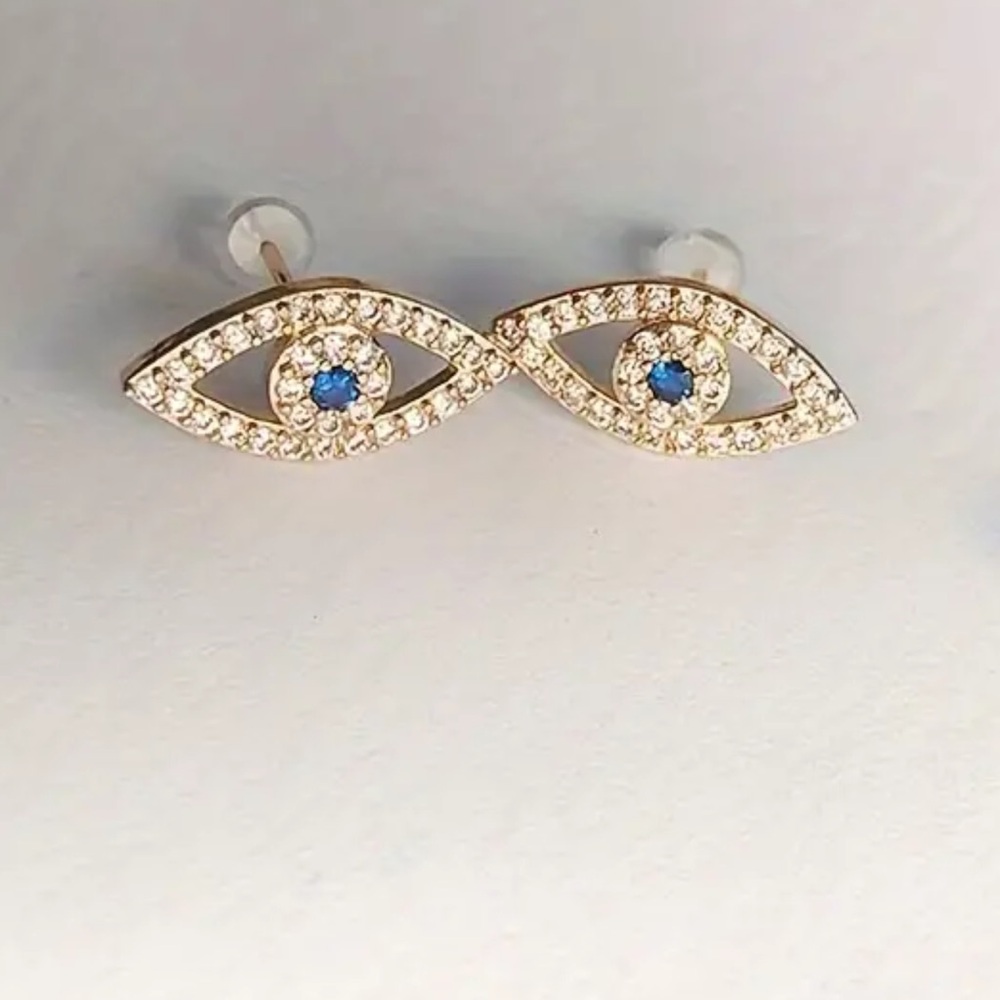 Gold Cubic Zirconia Evil Eye Earrings, Evil Eye Studs, Stud Earrings - Picture 4 of 7